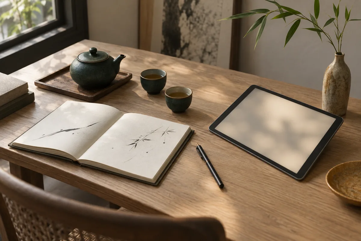 Bureau en bois clair avec théière, carnet ouvert, tablette et branche de bambou, éclairés par une fenêtre