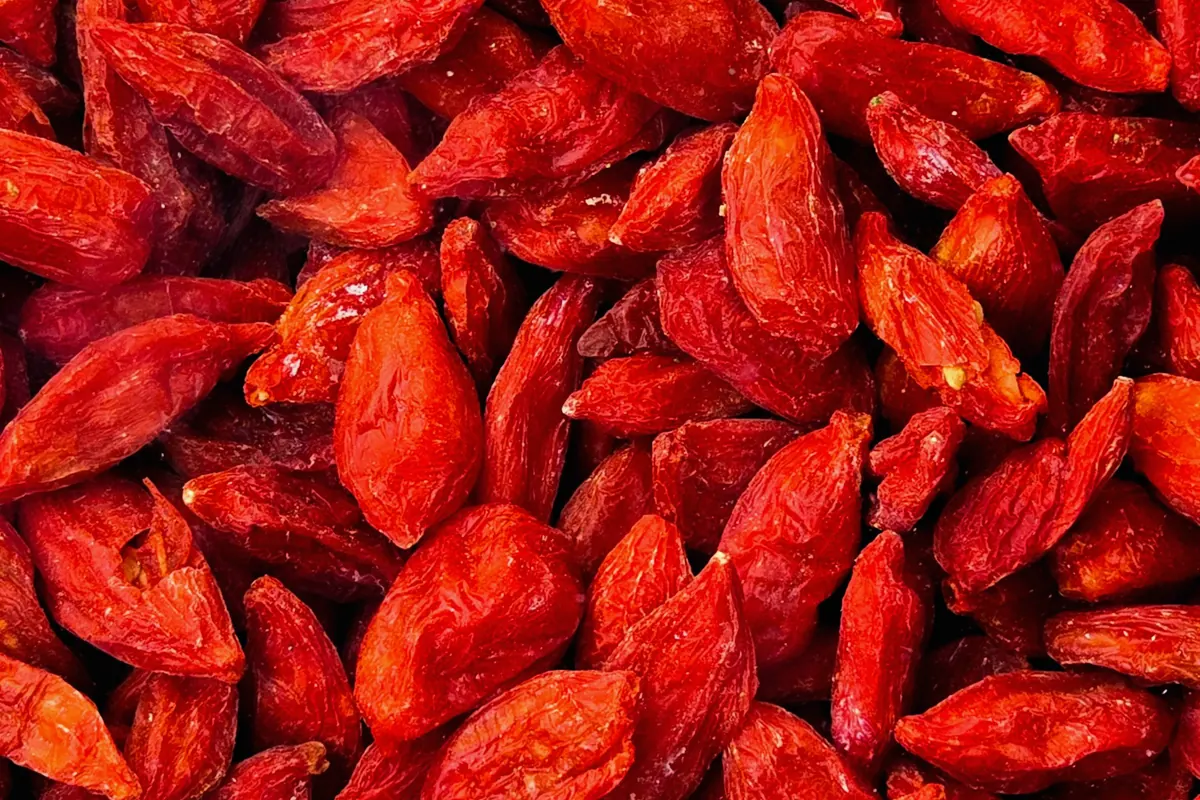 Baies de goji séchées, rouge vif, en gros plan