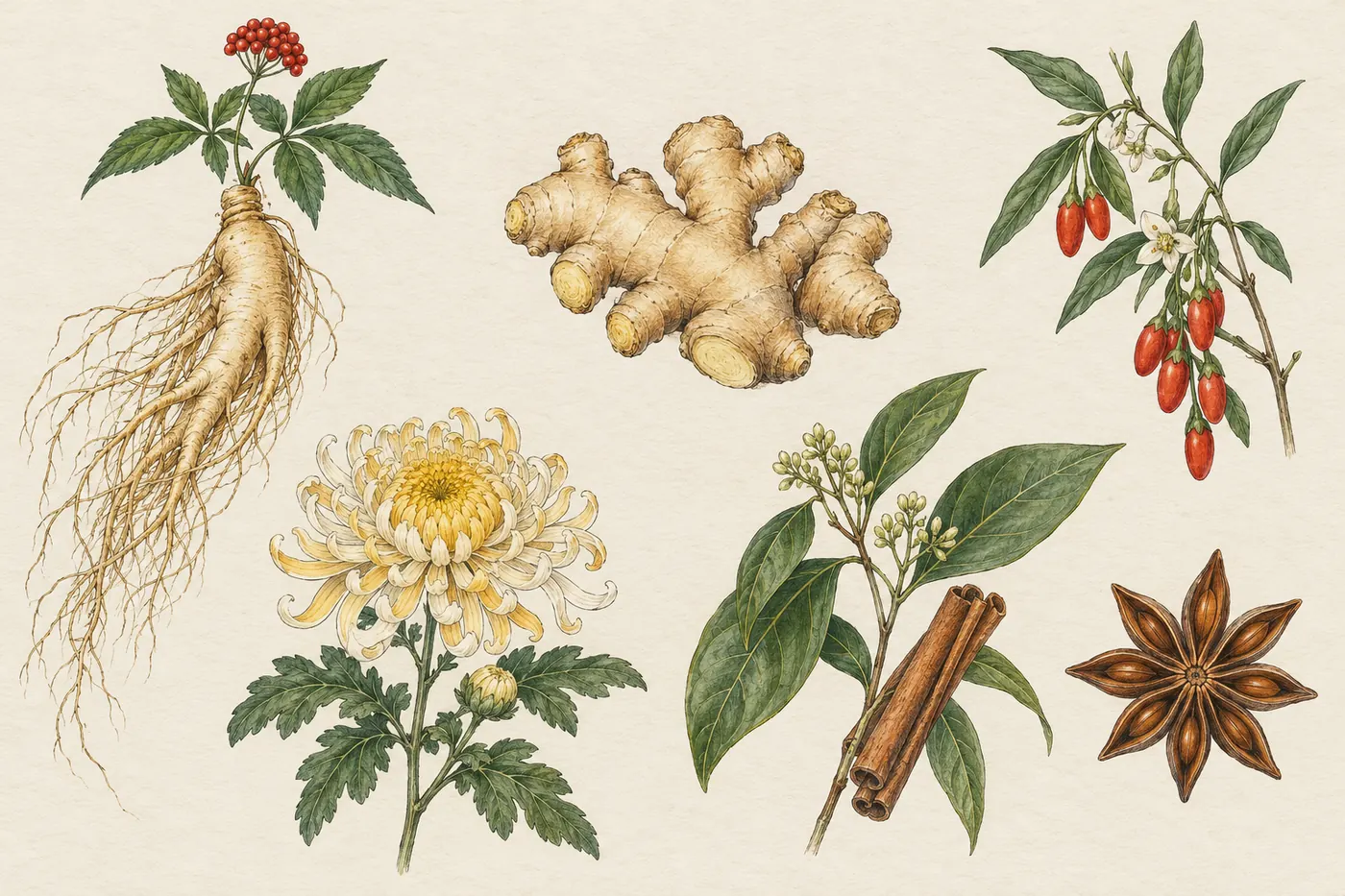 Planche d'herbier à l'aquarelle : ginseng, gingembre, baies de goji, chrysanthème, cannelier et badiane